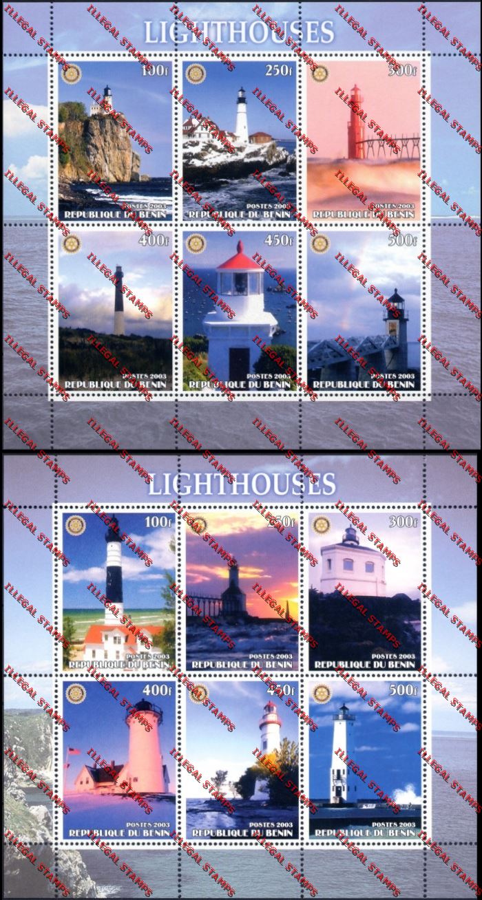 Benin 2003 Lighthouses with Rotary Emblem Illegal Stamp Sheetlets of Six Benin 2003 Lighthouses with Rotary Emblem Illegal Stamp Sheetlets of Six