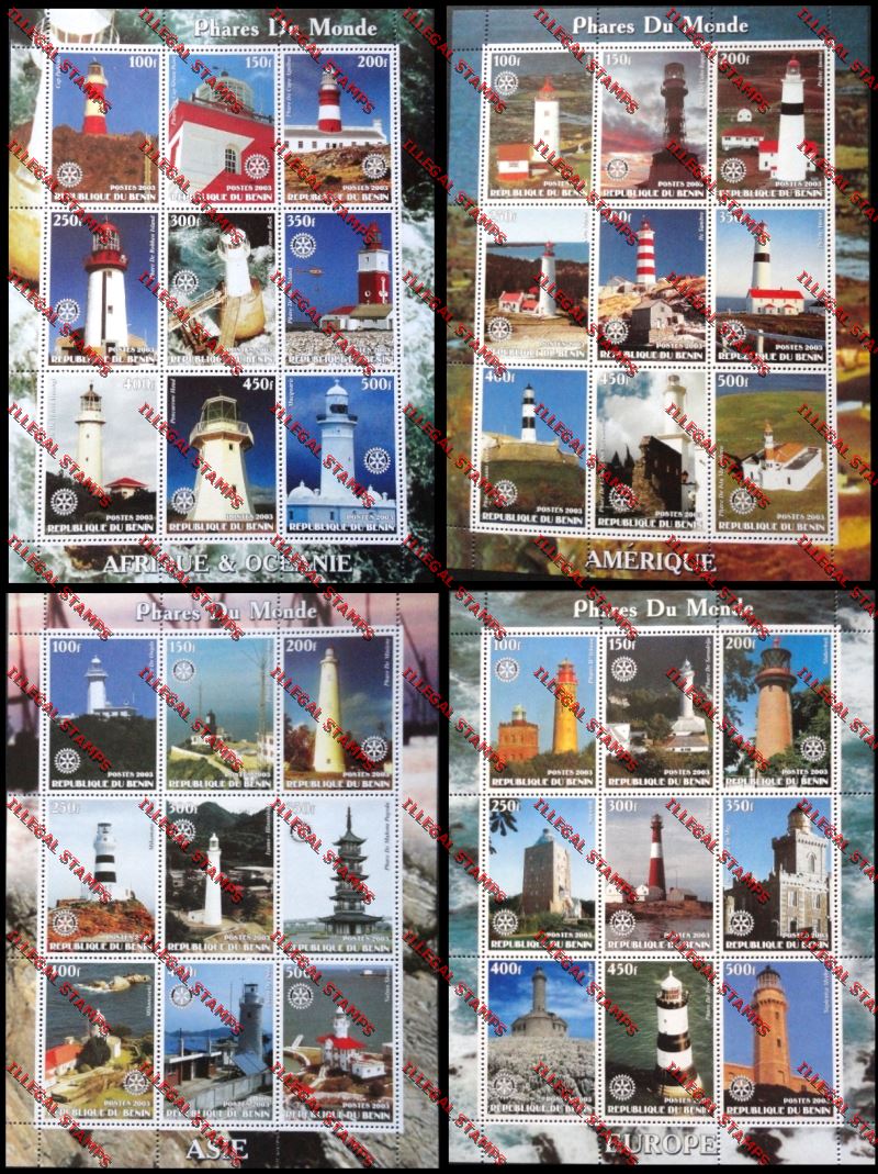 Benin 2003 Lighthouses (Phares du Monde) with Rotary Emblem Illegal Stamp Sheetlets of Nine Benin 2003 Lighthouses (Phares do Monde) with Rotary Emblem Illegal Stamp Sheetlets of Nine