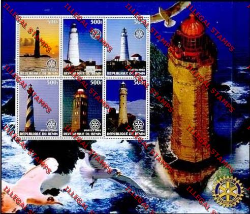 Benin 2003 Lighthouses with Rotary Emblem Illegal Stamp Souvenir Sheetlet of Six Benin 2003 Lighthouses with Rotary Emblem Illegal Stamp Souvenir Sheetlet of Six