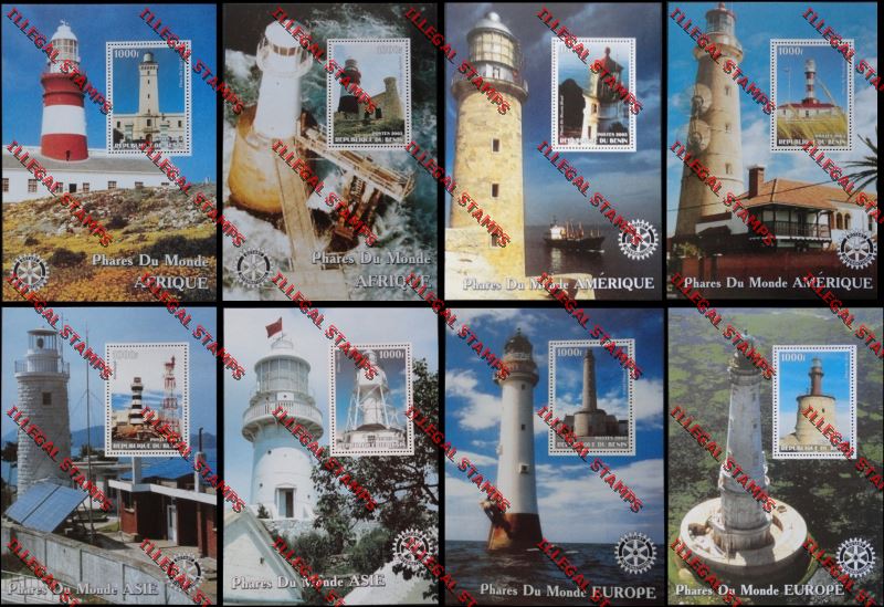 Benin 2003 Lighthouses (Phares du Monde) with Rotary Emblem Illegal Stamp Souvenir Sheets Benin 2003 Lighthouses (Phares do Monde) with Rotary Emblem Illegal Stamp Souvenir Sheets