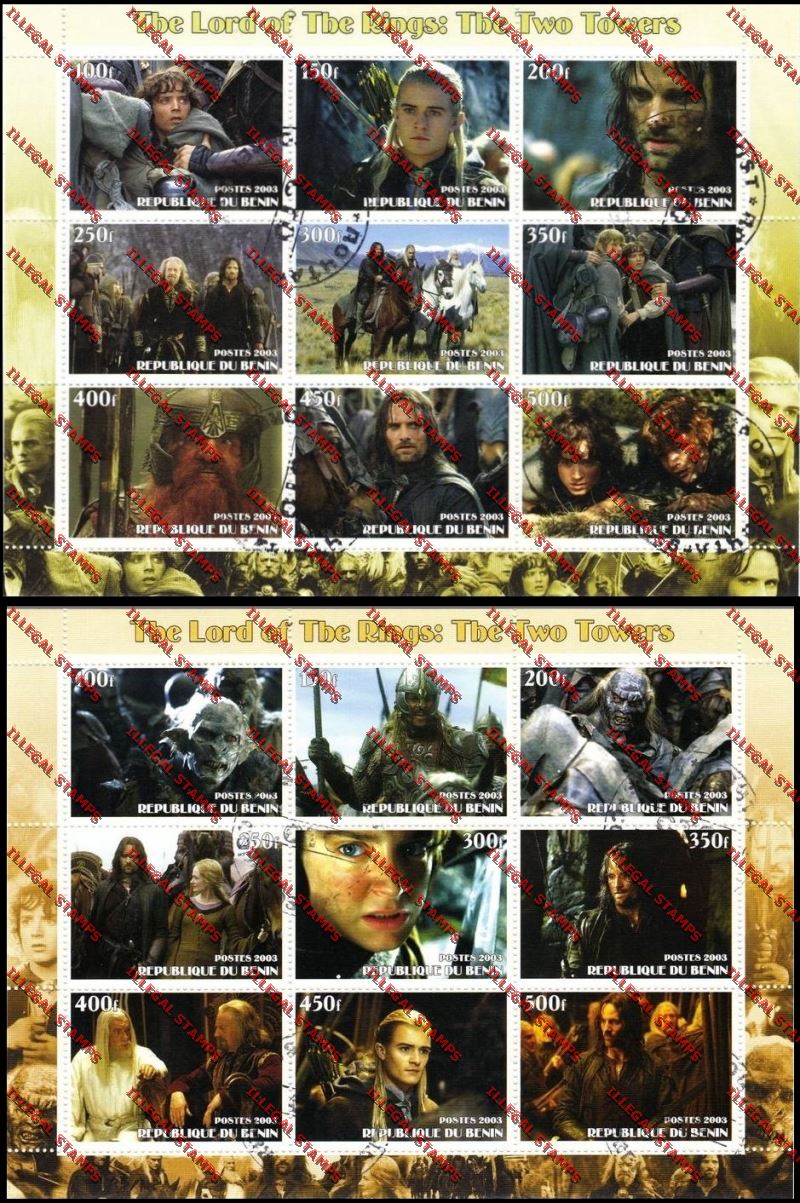 Benin 2003 The Lord of the Rings Illegal Stamp Sheetlets of Nine Benin 2003 The Lord of the Rings Illegal Stamp Sheetlets of Nine