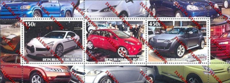 Benin 2003 Modern Cars Illegal Stamp Sheetlet of Three Benin 2003 Modern Cars Illegal Stamp Sheetlet of Three