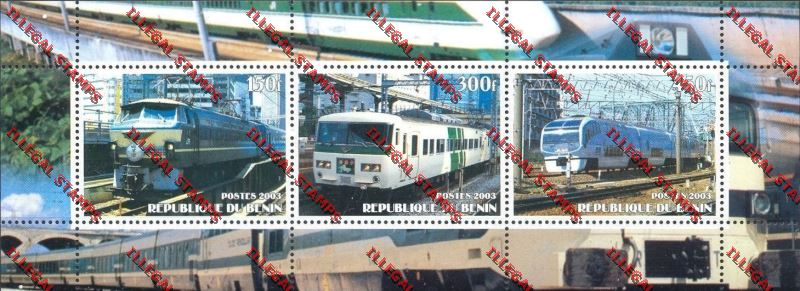 Benin 2003 Modern Trains Illegal Stamp Souvenir Sheetlet of Three Benin 2003 Modern Trains Illegal Stamp Souvenir Sheetlet of Three