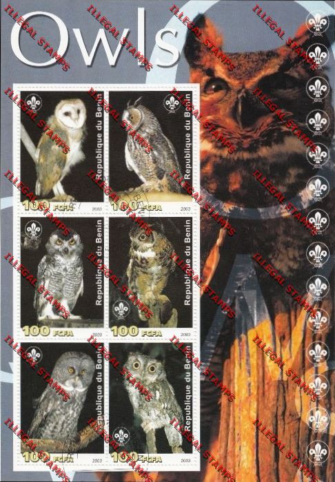 Benin 2003 Owls with Scouting Emblems Illegal Stamp Souvenir Sheetlet of Six Benin 2003 Owls with Scouting Emblems Illegal Stamp Souvenir Sheetlet of Six