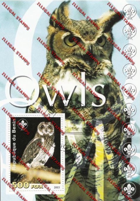 Benin 2003 Owls with Scouting Emblems Illegal Stamp Souvenir Sheet Benin 2003 Owls with Scouting Emblems Illegal Stamp Souvenir Sheet