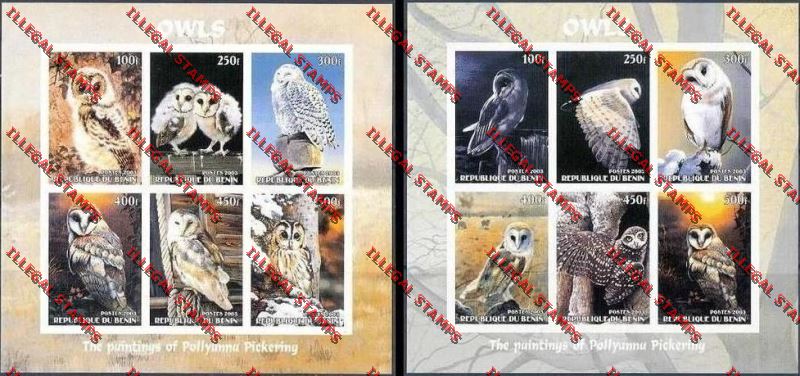 Benin 2003 Owls Illegal Stamp Sheetlets of Six Benin 2003 Owls Illegal Stamp Sheetlets of Six