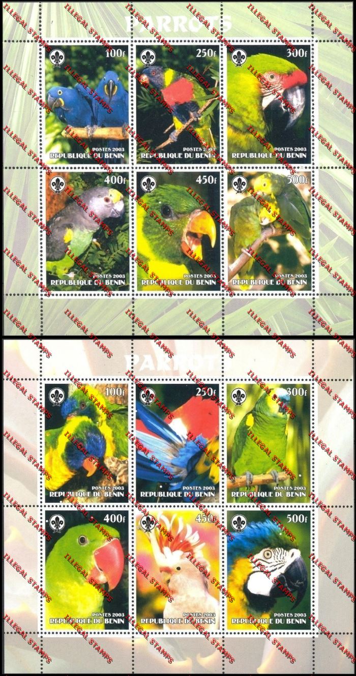 Benin 2003 Parrots with Scouting Emblem Illegal Stamp Sheetlets of Six Benin 2003 Parrots with Scouting Emblem Illegal Stamp Sheetlets of Six