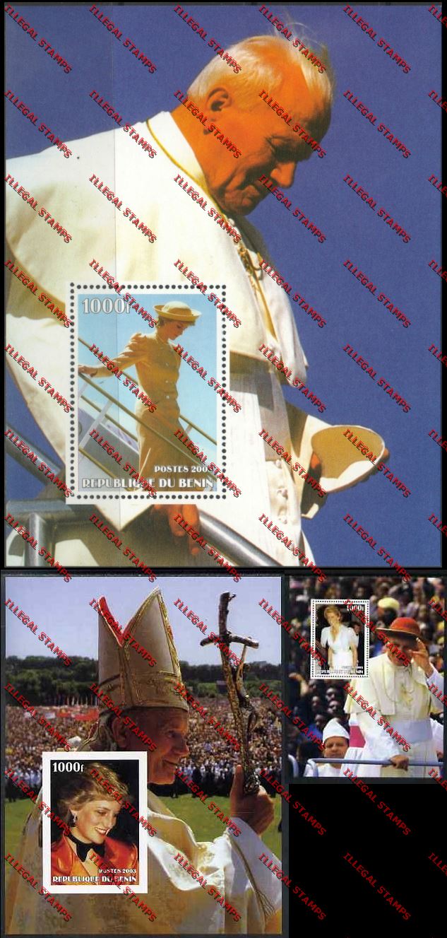 Benin 2003 Pope John Paul II and Princess Diana Illegal Stamp Souvenir Sheets Benin 2003 Pope John Paul II and Princess Diana Illegal Stamp Souvenir Sheets