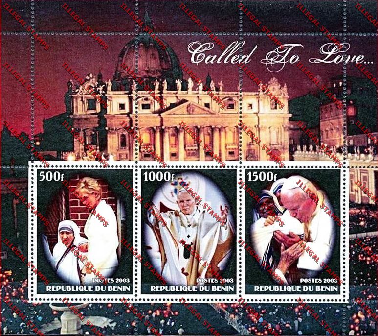 Benin 2003 Pope John Paul II, Princess Diana and Mother Teresa Illegal Stamp Souvenir Sheet Benin 2003 Pope John Paul II, Princess Diana and Mother Teresa Illegal Stamp Souvenir Sheet