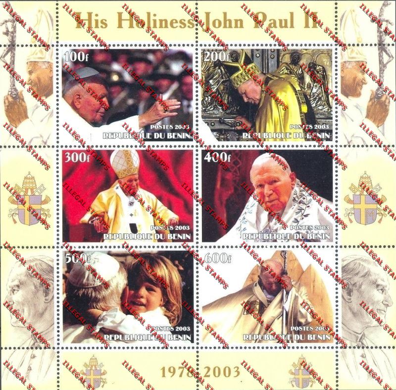 Benin 2003 Pope John Paul II (His Holiness John Paul II) Illegal Stamp Sheetlet of Six Benin 2003 Pope John Paul II (His Holiness John Paul II) Illegal Stamp Sheetlet of Six