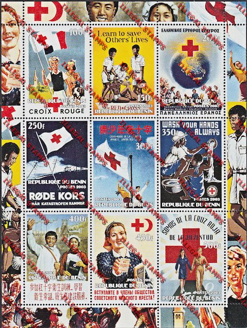 Benin 2003 Red Cross Illegal Stamp Sheetlet of Nine Benin 2003 Red Cross Illegal Stamp Sheetlet of Nine