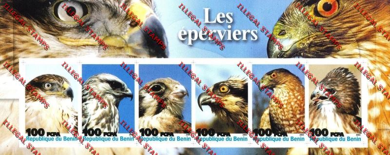 Benin 2003 Sparrowhawks Illegal Stamp Sheetlet of Six Titled Les Eperviers Benin 2003 Sparrowhawks Illegal Stamp Sheetlet of Six Titled Les Eperviers