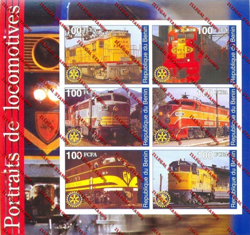 Benin 2003 Trains with Rotary International Emblem Illegal Stamp Souvenir Sheetlet of Six Benin 2003 Trains with Rotary International Emblem Illegal Stamp Souvenir Sheetlet of Six