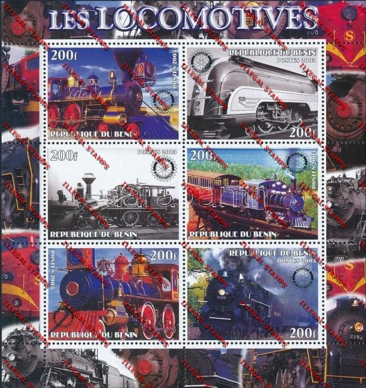 Benin 2003 Trains (Les Locomotives) with Rotary International Emblem Illegal Stamp Souvenir Sheetlet of Six Benin 2003 Trains (Les Locomotives) with Rotary International Emblem Illegal Stamp Souvenir Sheetlet of Six