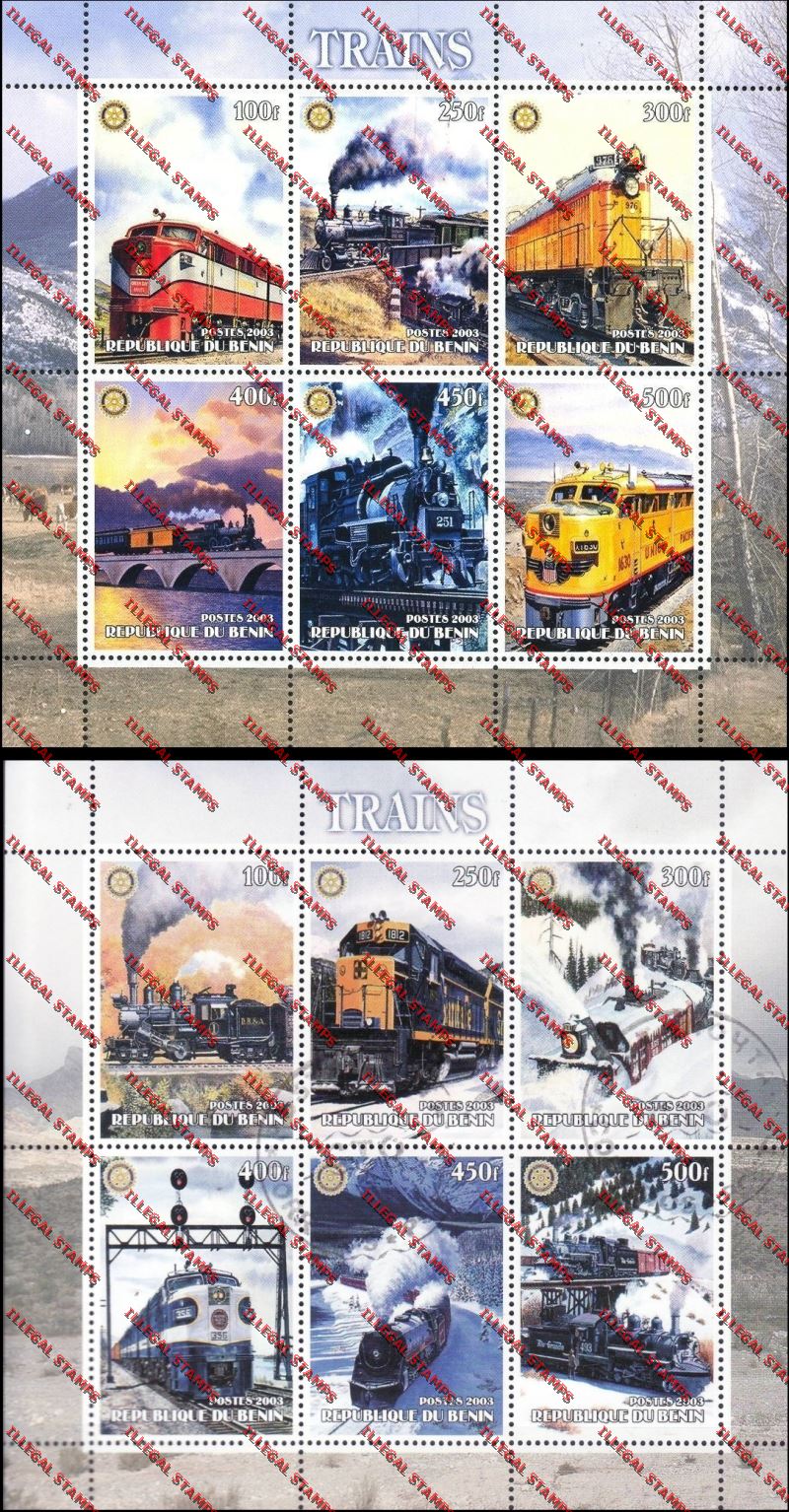 Benin 2003 Trains with Rotary International Emblem Illegal Stamp Sheetlets of Six Benin 2003 Trains with Rotary International Emblem Illegal Stamp Sheetlets of Six