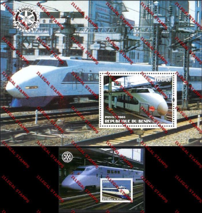Benin 2003 Modern Trains with Rotary International Emblem Illegal Stamp Souvenir Sheets Benin 2003 Modern Trains with Rotary International Emblem Illegal Stamp Souvenir Sheets