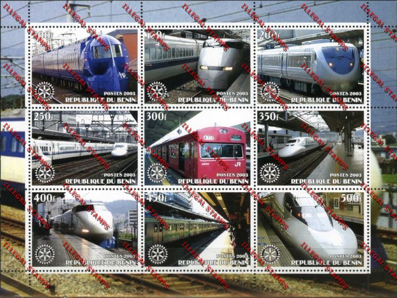 Benin 2003 Trains in Stations with Rotary International Emblem Illegal Stamp Sheetlet of Nine Benin 2003 Trains in Stations with Rotary International Emblem Illegal Stamp Sheetlet of Nine