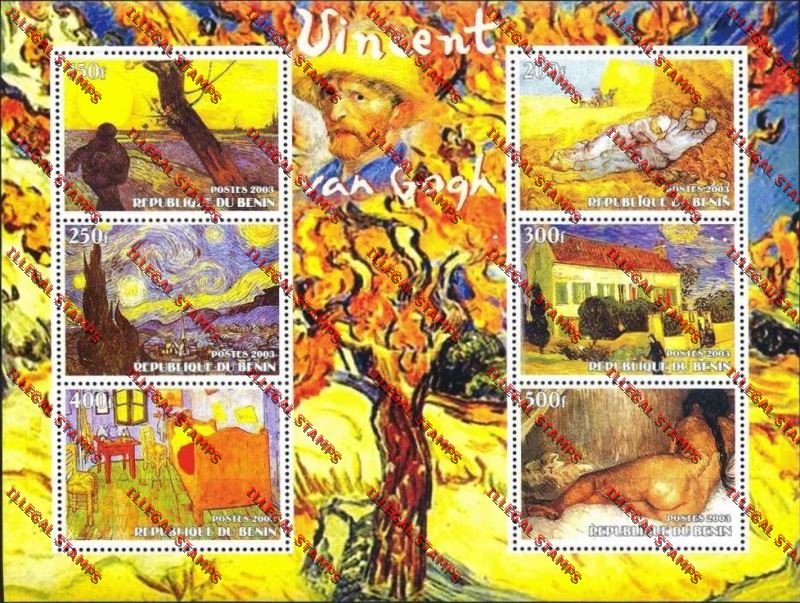 Benin 2003 Vincent Van Gogh Illegal Stamp Souvenir Sheetlet of Six Benin 2003 Vincent Van Gogh Illegal Stamp Souvenir Sheetlet of Six