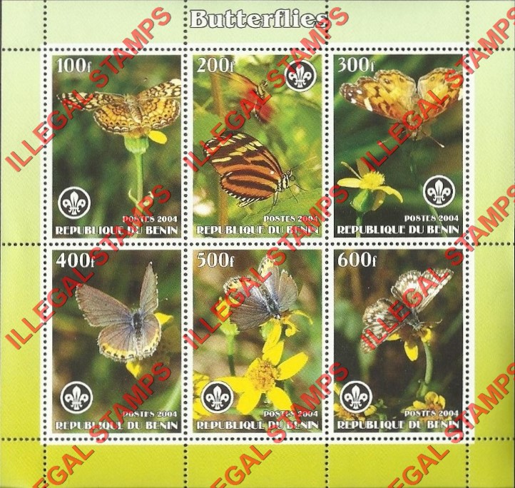 Benin 2004 Butterflies Illegal Stamp Souvenir Sheet of 4 Benin 2004 Butterflies Illegal Stamp Souvenir Sheet of 4
