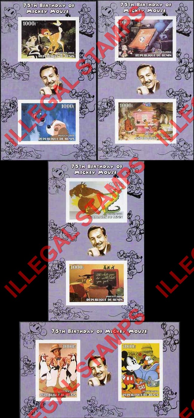 Benin 2004 Disney Mickey Mouse 75th Birthday Illegal Stamp Souvenir Sheets of 2 Benin 2004 Disney Mickey Mouse 75th Birthday Illegal Stamp Souvenir Sheets of 2