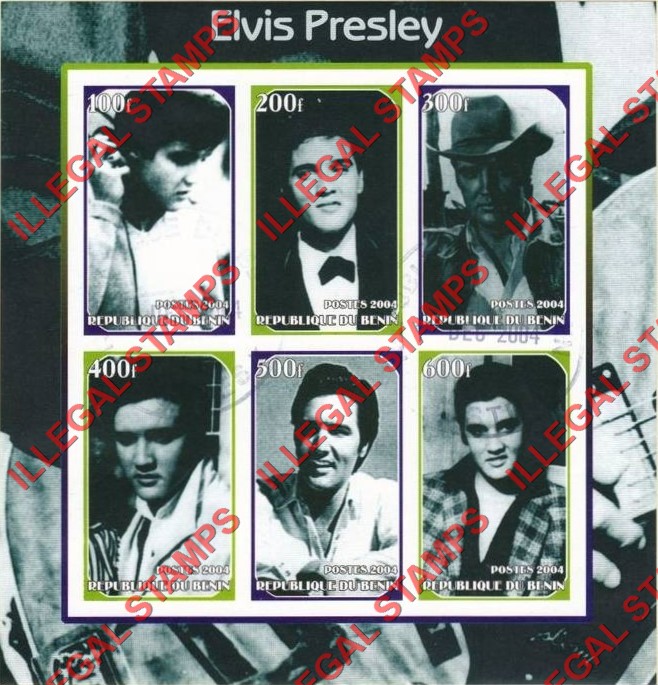 Benin 2004 Elvis Presley Illegal Stamp Souvenir Sheet of 6 Benin 2004 Elvis Presley Illegal Stamp Souvenir Sheet of 6