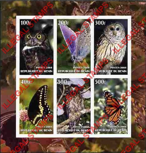 Benin 2004 Owls and Butterflies Illegal Stamp Souvenir Sheet of 6 Benin 2004 Owls and Butterflies Illegal Stamp Souvenir Sheet of 6