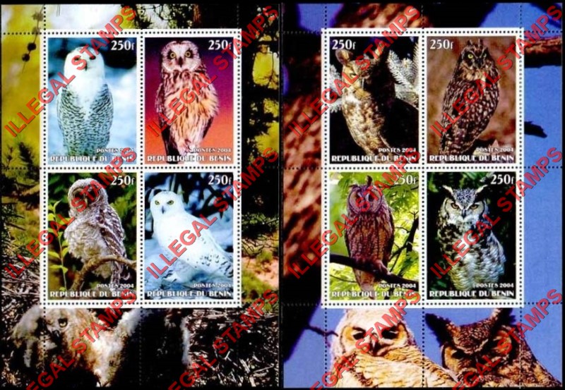 Benin 2004 Owls Illegal Stamp Souvenir Sheets of 4 Benin 2004 Owls Illegal Stamp Souvenir Sheets of 4