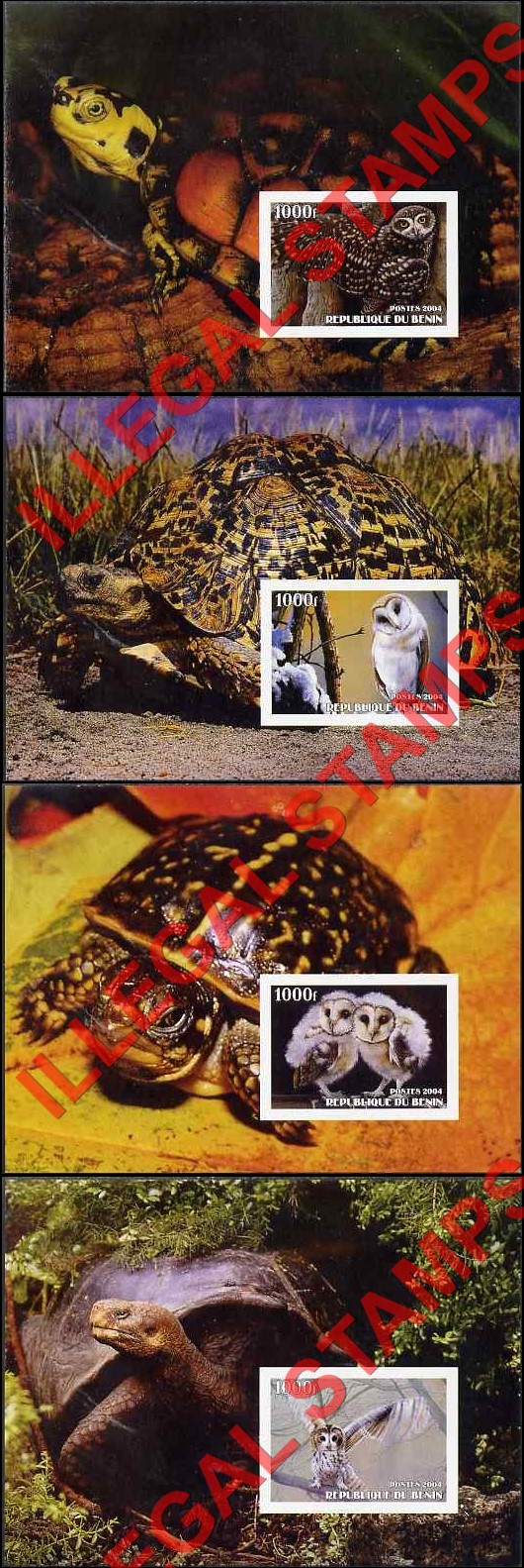 Benin 2004 Owls and Turtles Illegal Stamp Souvenir Sheets of 1 Benin 2004 Owls and Turtles Illegal Stamp Souvenir Sheets of 1