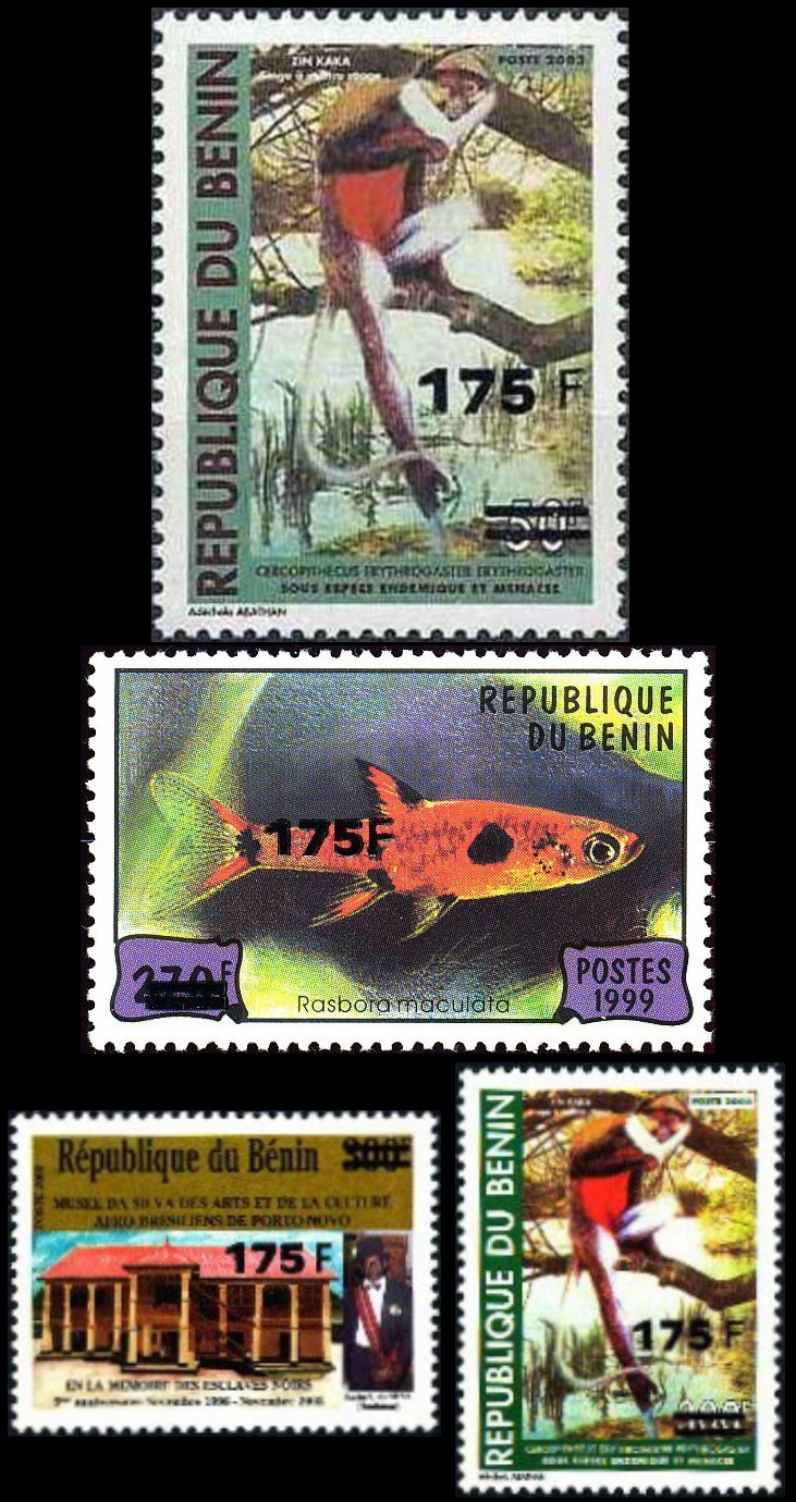 Benin 2005 Surcharged Stamps Scott 1334,1347,1355,1356 Benin 2005 Surcharged Stamps Scott 1334,1347,1355,1356