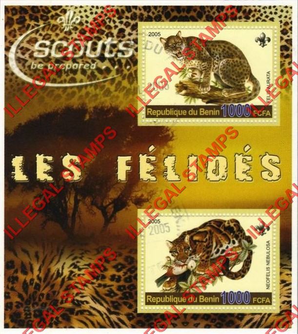 Benin 2005 Big Cats and Scouts Illegal Stamp Souvenir Sheet of 2 Benin 2005 Big Cats and Scouts Illegal Stamp Souvenir Sheet of 2