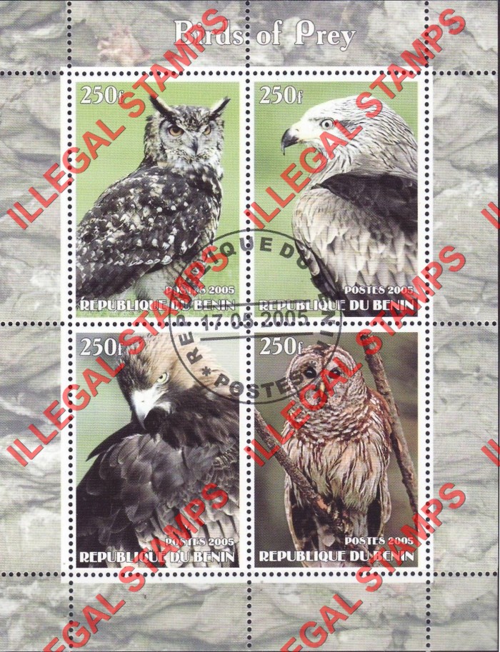 Benin 2005 Birds of Prey Illegal Stamp Souvenir Sheet of 4 Benin 2005 Birds of Prey Illegal Stamp Souvenir Sheet of 4