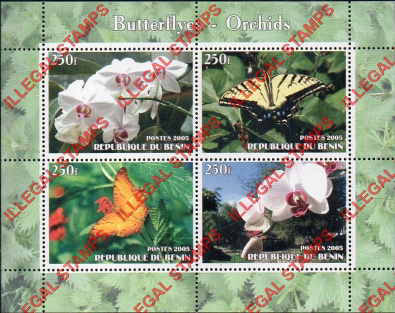 Benin 2005 Butterflies and Orchids Illegal Stamp Souvenir Sheet of 4 Benin 2005 Butterflies and Orchids Illegal Stamp Souvenir Sheet of 4