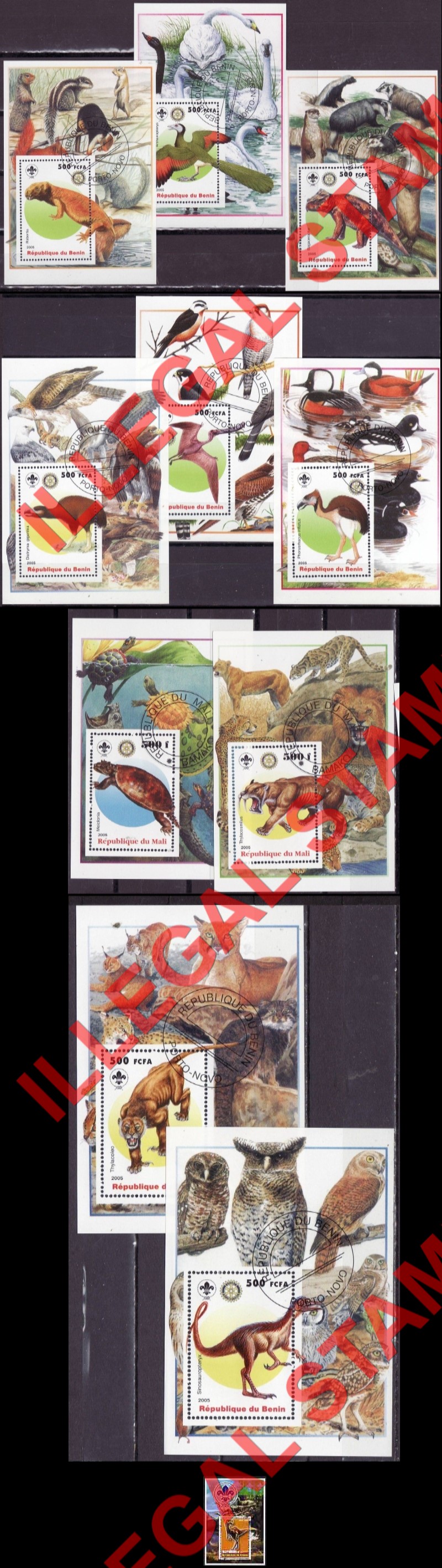 Benin 2005 Dinosaurs and Scouts Logo Illegal Stamp Souvenir Sheets of 1 Benin 2005 Dinosaurs and Scouts Logo Illegal Stamp Souvenir Sheets of 1