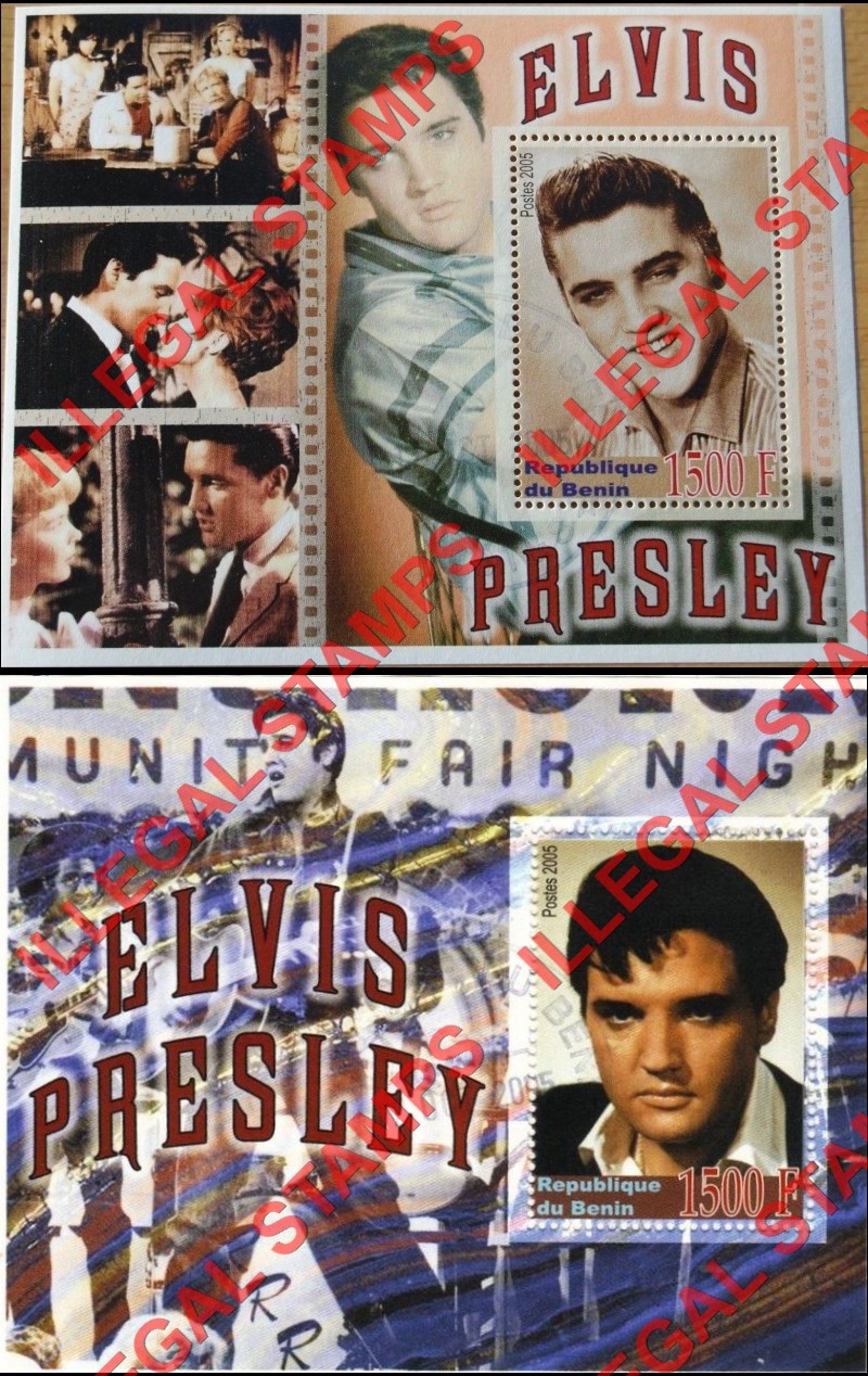 Benin 2005 Elvis Presley Illegal Stamp Souvenir Sheets of 1 Benin 2005 Elvis Presley Illegal Stamp Souvenir Sheets of 1