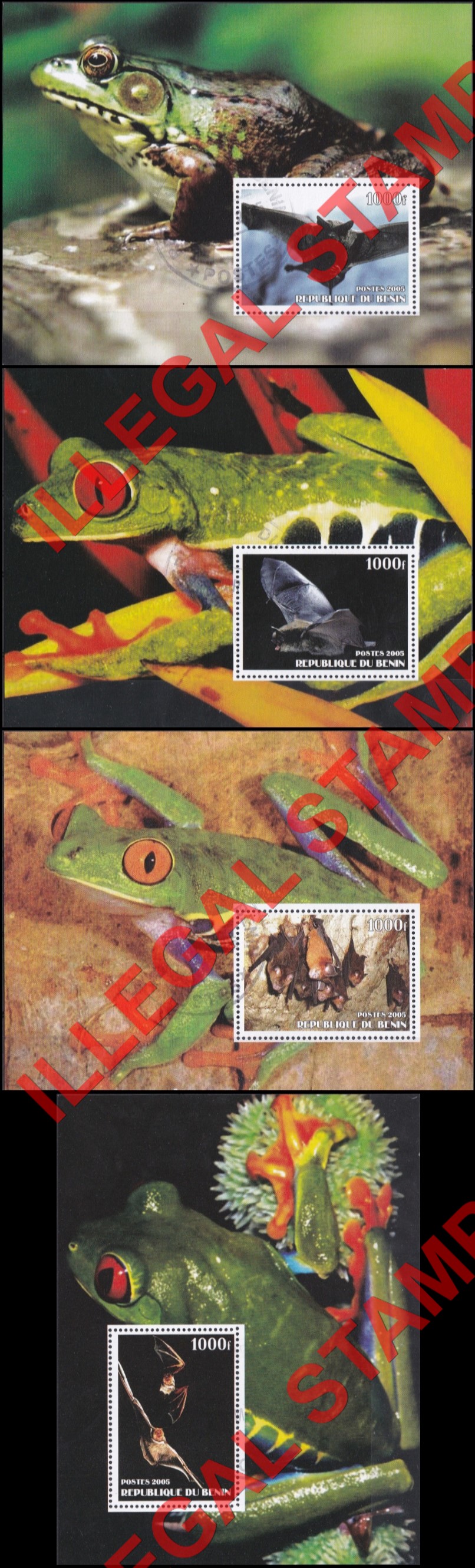 Benin 2005 Frogs and Bats Illegal Stamp Souvenir Sheets of 1 Benin 2005 Frogs and Bats Illegal Stamp Souvenir Sheets of 1
