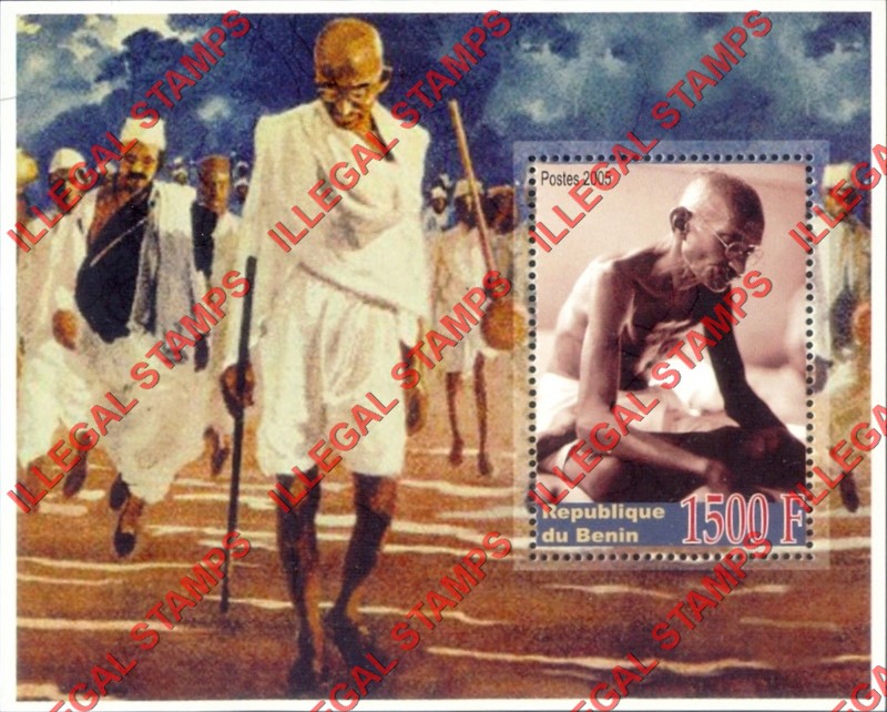 Benin 2005 Gandhi Illegal Stamp Souvenir Sheet of 1 Benin 2005 Gandhi Illegal Stamp Souvenir Sheet of 1