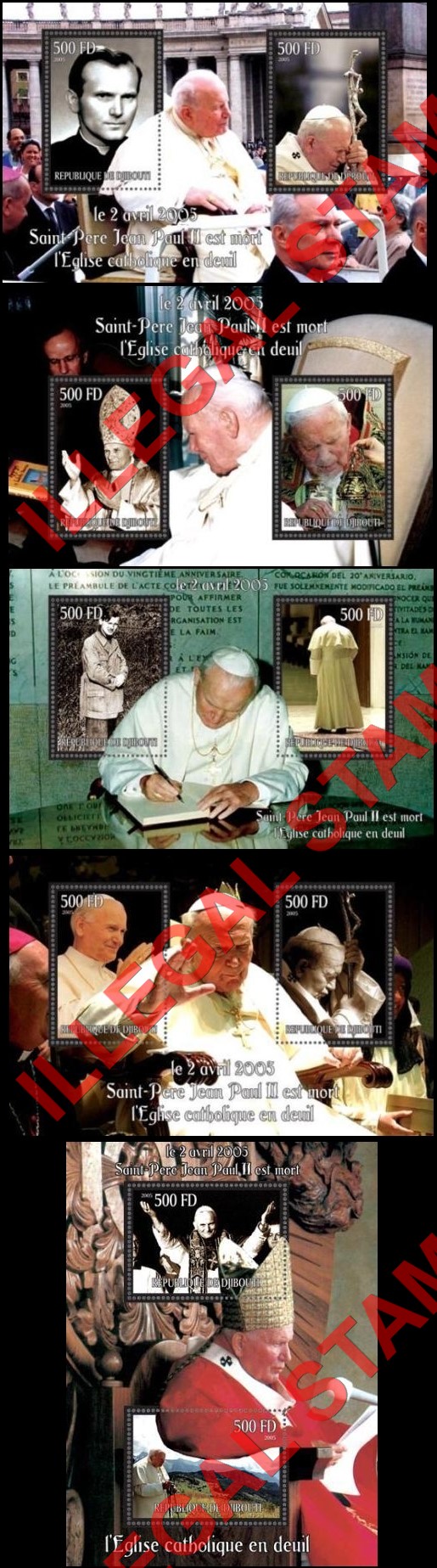 Benin 2005 Pope John Paul II Illegal Stamp Souvenir Sheets of 2 Benin 2005 Pope John Paul II Illegal Stamp Souvenir Sheets of 2