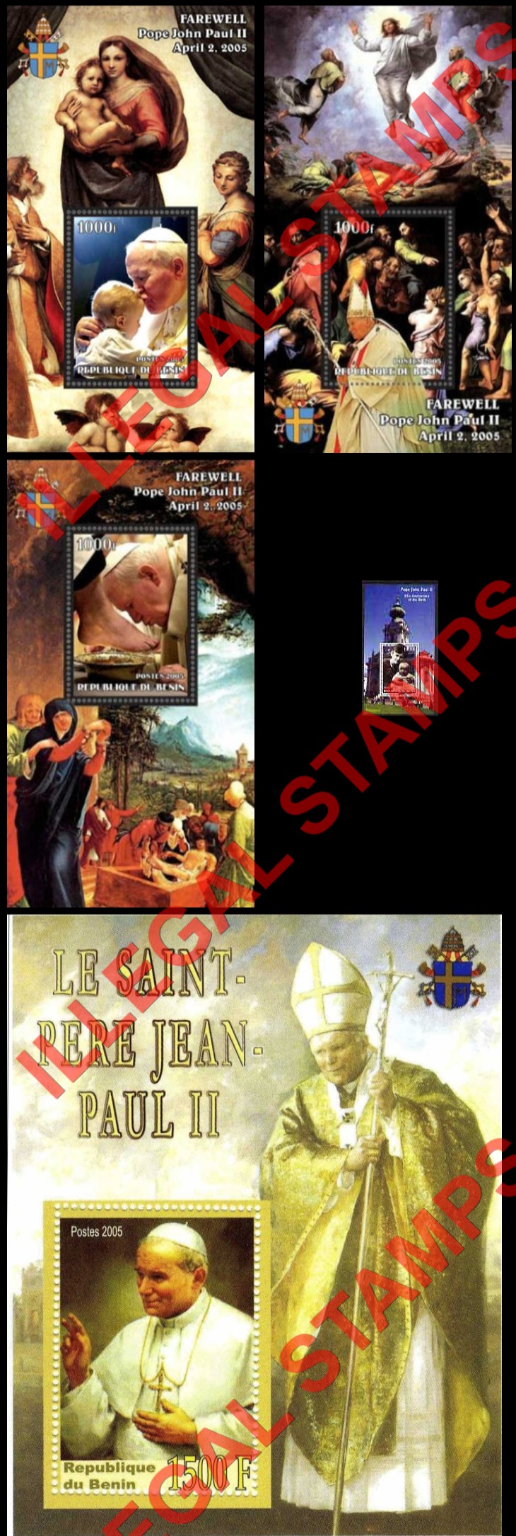 Benin 2005 Pope John Paul II Illegal Stamp Souvenir Sheets of 1 (Vertical) Benin 2005 Pope John Paul II Illegal Stamp Souvenir Sheets of 1 (Vertical)