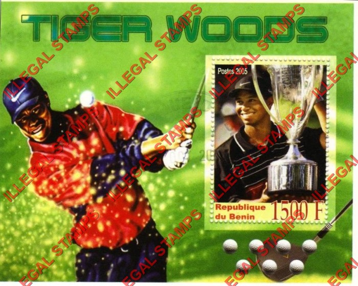 Benin 2005 Tiger Woods Golf Illegal Stamp Souvenir Sheet of 1 Benin 2005 Tiger Woods Golf Illegal Stamp Souvenir Sheet of 1