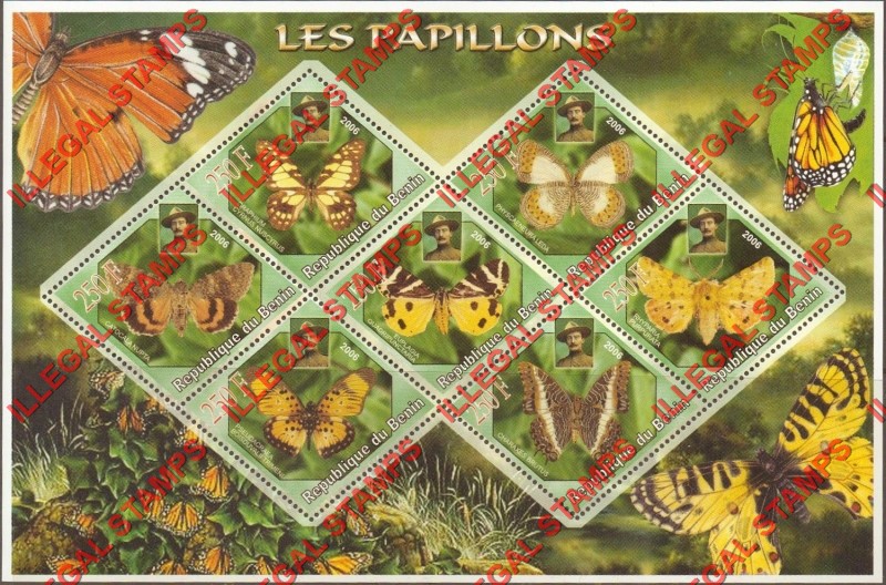 Benin 2006 Butterflies and Scouts Illegal Stamp Souvenir Sheet of 7 Benin 2006 Butterflies and Scouts Illegal Stamp Souvenir Sheet of 7