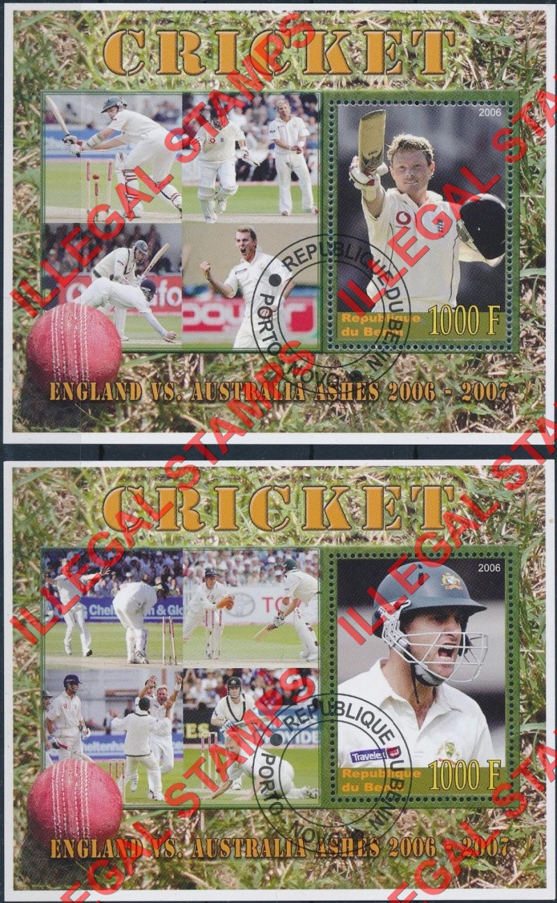 Benin 2006 Cricket Players Illegal Stamp Souvenir Sheets of 1 Benin 2006 Cricket Players Illegal Stamp Souvenir Sheets of 1