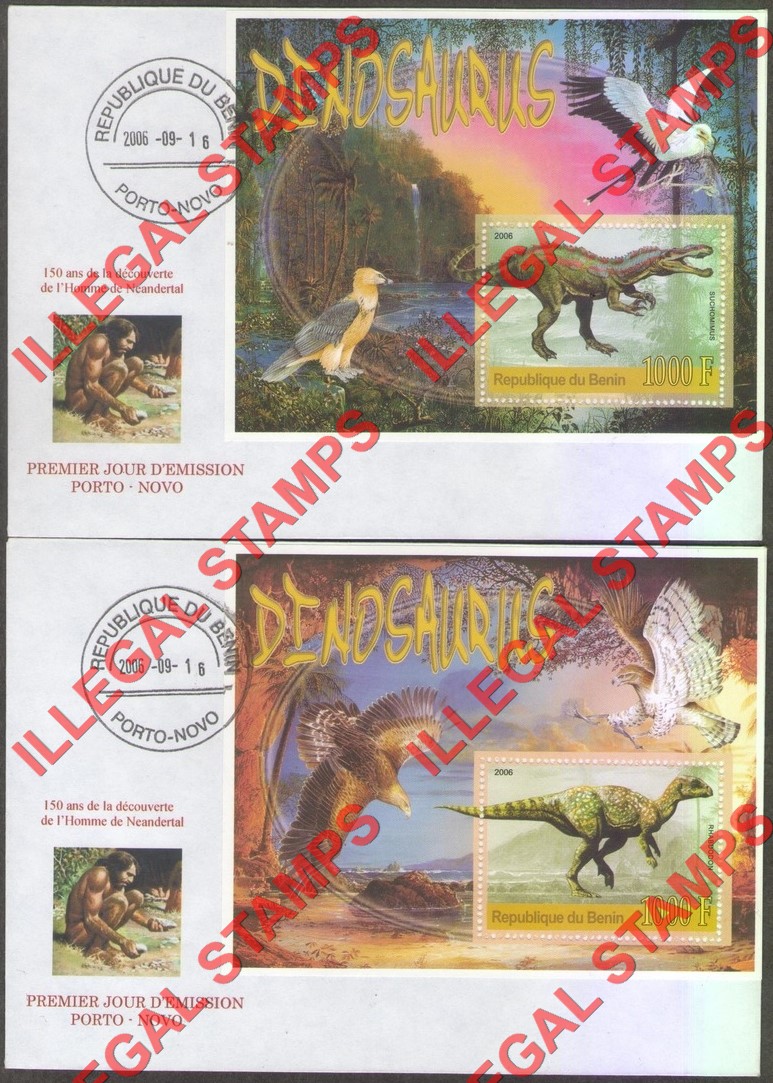 Benin 2006 Dinosaurs Illegal Stamp Souvenir Sheets on Fake First Day Covers Benin 2006 Dinosaurs Illegal Stamp Souvenir Sheets on Fake First Day Covers