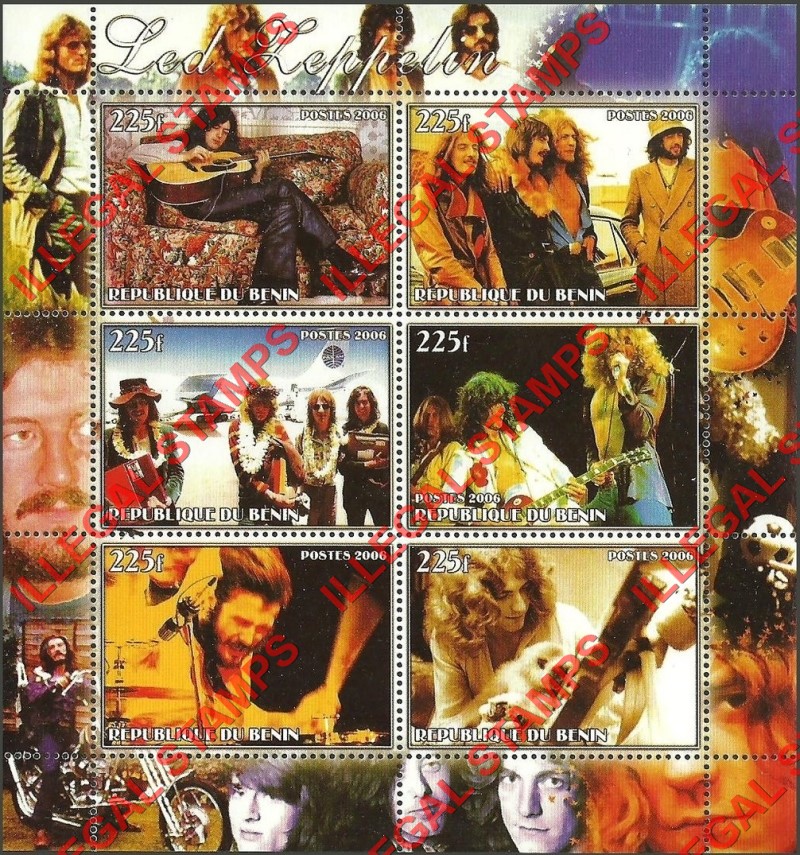 Benin 2006 Led Zeppelin Illegal Stamp Souvenir Sheet of 6 Benin 2006 Led Zeppelin Illegal Stamp Souvenir Sheet of 6