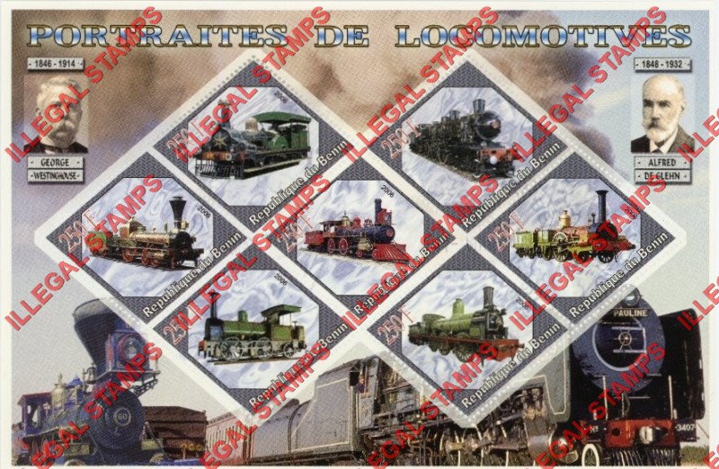 Benin 2006 Locomotives Illegal Stamp Souvenir Sheet of 7 Benin 2006 Locomotives Illegal Stamp Souvenir Sheet of 7