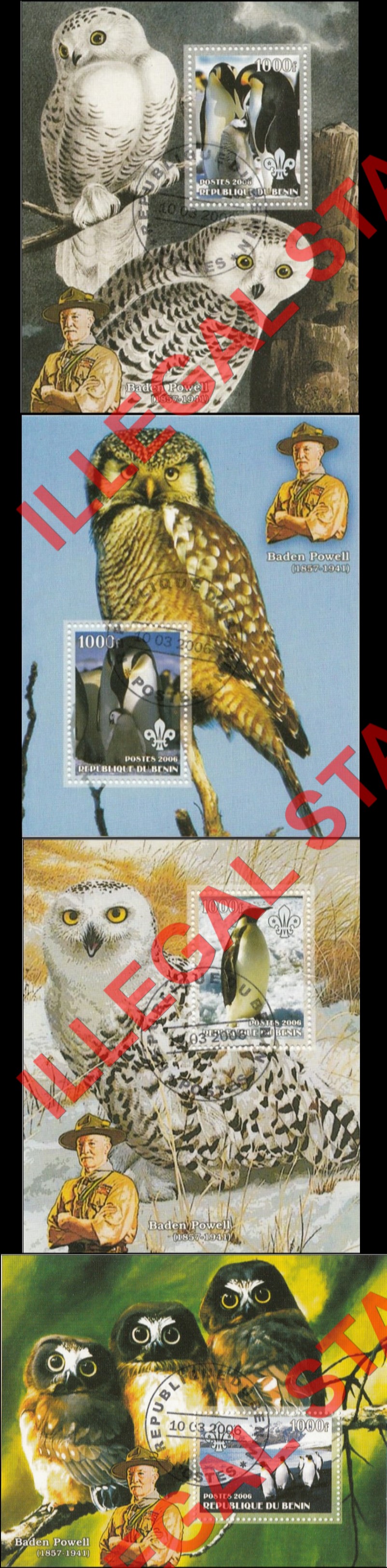 Benin 2006 Owls and Penguins Illegal Stamp Souvenir Sheets of 1 Benin 2006 Owls and Penguins Illegal Stamp Souvenir Sheets of 1