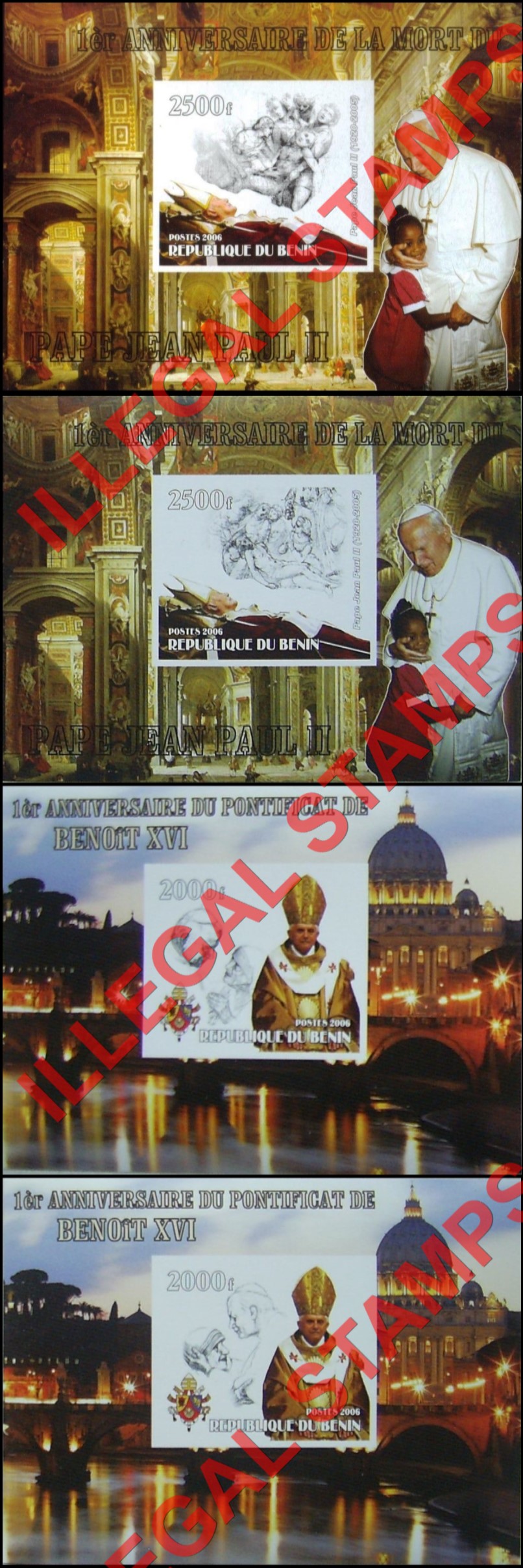 Benin 2006 Pope John Paul II Illegal Stamp Souvenir Sheets of 1 Benin 2006 Pope John Paul II Illegal Stamp Souvenir Sheets of 1
