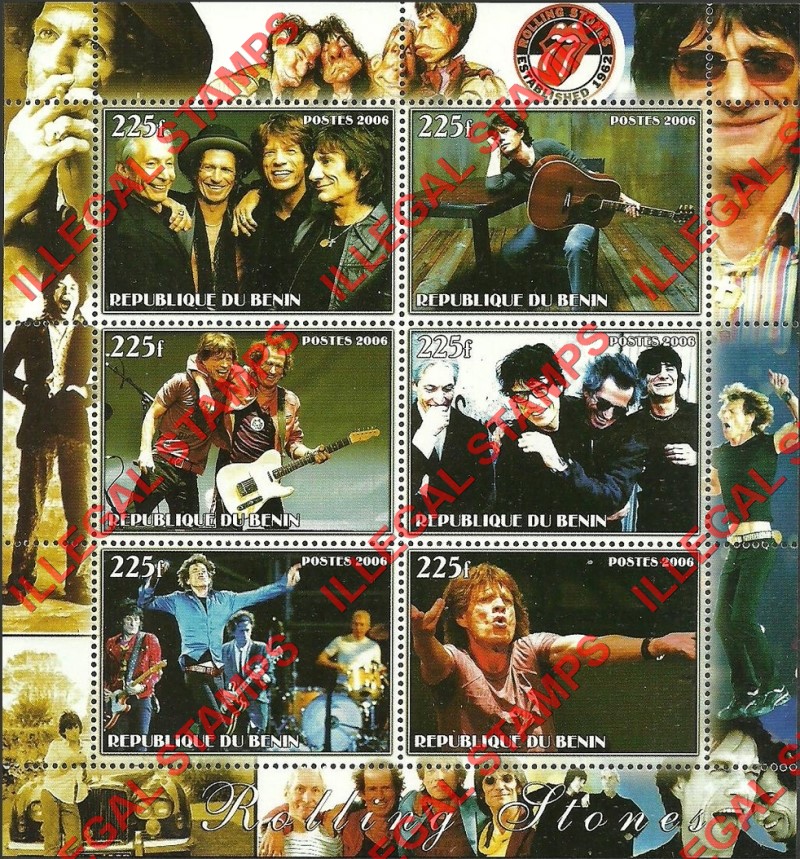 Benin 2006 Rolling Stones Illegal Stamp Souvenir Sheet of 6 Benin 2006 Rolling Stones Illegal Stamp Souvenir Sheet of 6