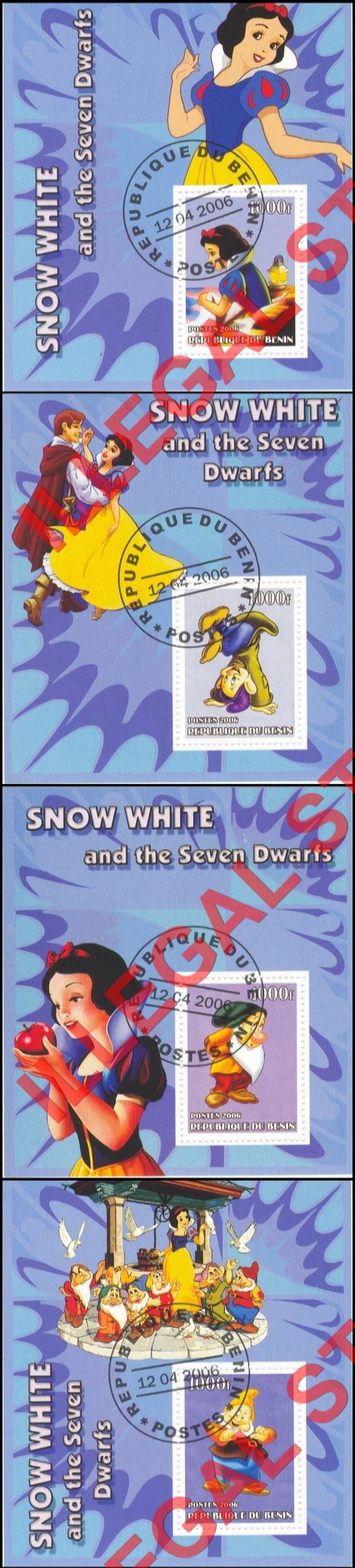 Benin 2006 Snow White and the Seven Dwarfs Illegal Stamp Souvenir Sheets of 1 (Part 1) Benin 2006 Snow White and the Seven Dwarfs Illegal Stamp Souvenir Sheets of 1 (Part 1)