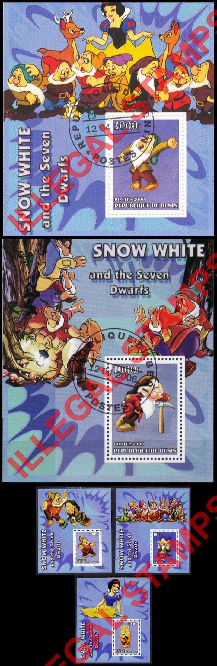 Benin 2006 Snow White and the Seven Dwarfs Illegal Stamp Souvenir Sheets of 1 (Part 2) Benin 2006 Snow White and the Seven Dwarfs Illegal Stamp Souvenir Sheets of 1 (Part 2)