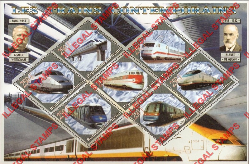 Benin 2006 Trains Illegal Stamp Souvenir Sheet of 7 Benin 2006 Trains Illegal Stamp Souvenir Sheet of 7